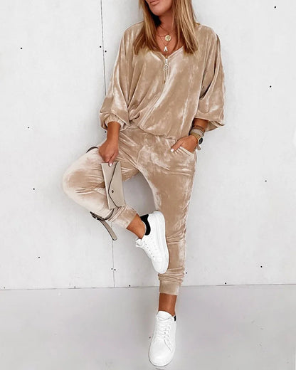 Bequemer Velours Freizeitanzug mit Reißverschluss – Lässiges 2-Teiler Set für Damen