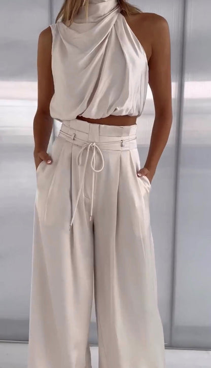 Elegantes Zweiteiler-Set mit Neckholder-Top für Damen – Weite High-Waist Hose für besondere Anlässe