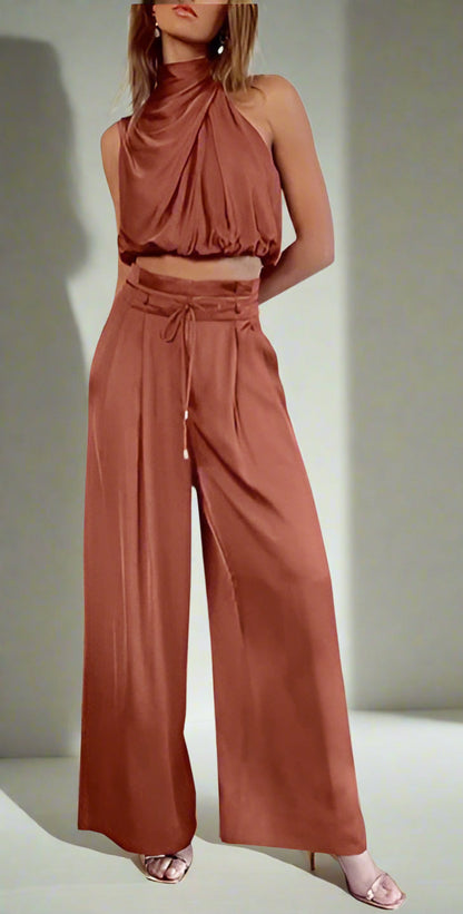Elegantes Zweiteiler-Set mit Neckholder-Top für Damen – Weite High-Waist Hose für besondere Anlässe