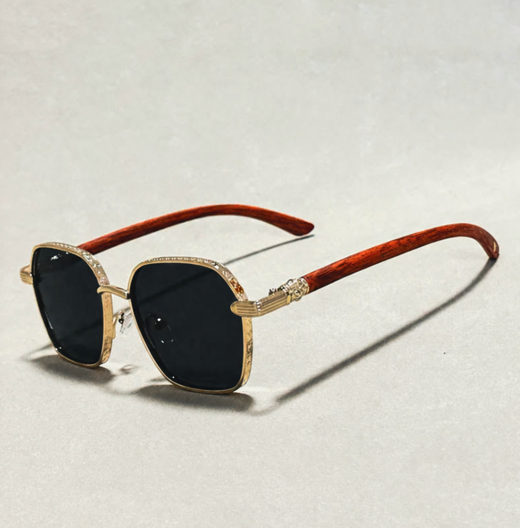 Vintage Sonnenbrille für Damen – Goldrahmen mit Holzoptik-Bügeln & UV400 Schutz