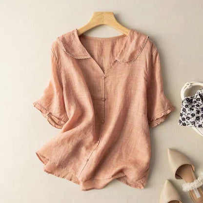 Leichte Sommerbluse Damen mit Kragen – Luftige Kurzarm Bluse aus Leinen-Look