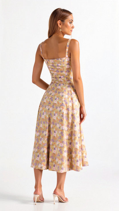 Sommerliches Midi Kleid für Damen mit Blumenprint – Figurbetontes Trägerkleid mit Schlitz & fließendem Rock