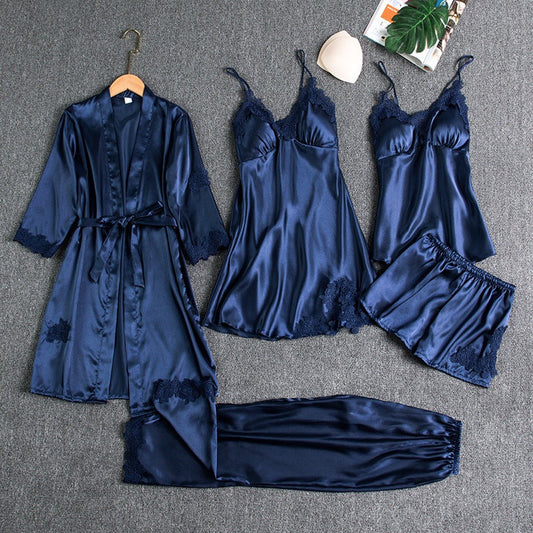 5-teiliges Damen Satin Nachtwäsche Set – Elegante Lingerie mit Spitze & Morgenmantel
