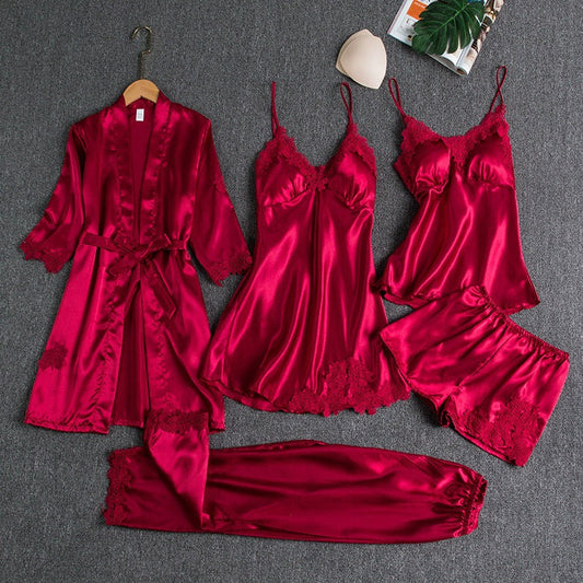 5-teiliges Damen Satin Nachtwäsche Set – Elegante Lingerie mit Spitze & Morgenmantel
