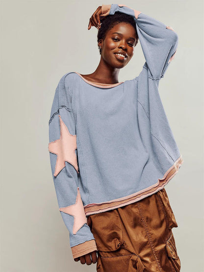 Lässiger Oversize Sternen-Pullover im Vintage Look – Bequemer Freizeit Sweater für Damen
