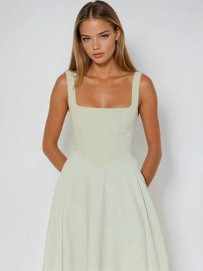 Elegantes Midi Kleid mit eckigem Ausschnitt & A-Linie – Figurbetontes Sommerkleid für Damen