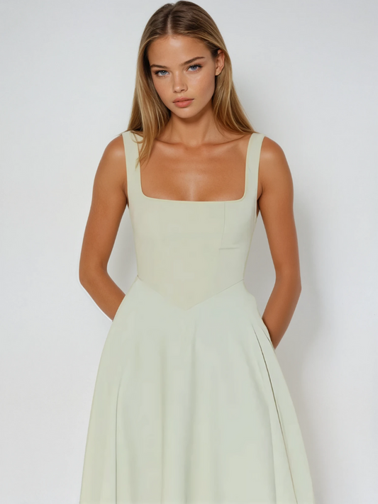 Elegantes Midi Kleid mit eckigem Ausschnitt & A-Linie – Figurbetontes Sommerkleid für Damen