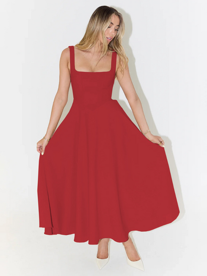 Elegantes Midi Kleid mit eckigem Ausschnitt & A-Linie – Figurbetontes Sommerkleid für Damen