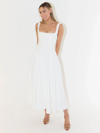 Elegantes Midi Kleid mit eckigem Ausschnitt & A-Linie – Figurbetontes Sommerkleid für Damen