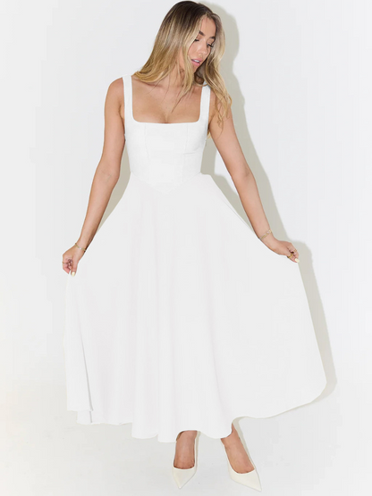 Elegantes Midi Kleid mit eckigem Ausschnitt & A-Linie – Figurbetontes Sommerkleid für Damen