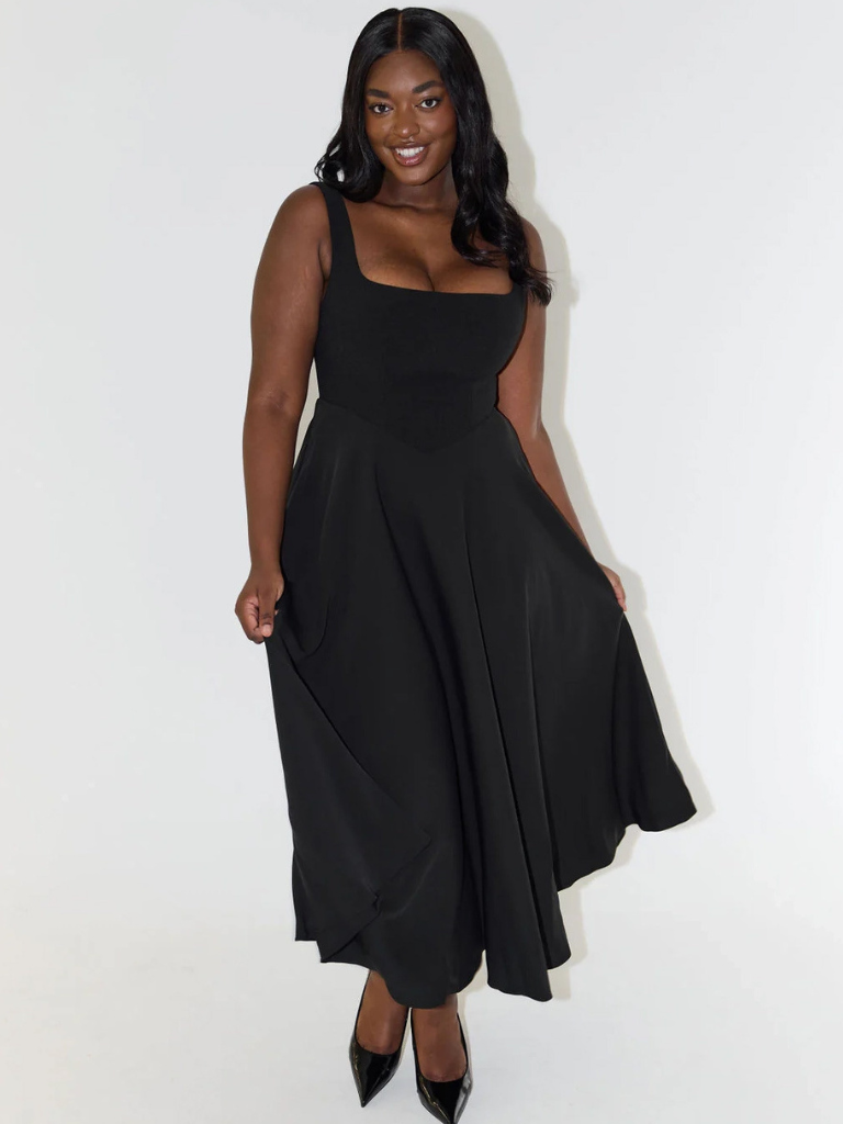 Elegantes Midi Kleid mit eckigem Ausschnitt & A-Linie – Figurbetontes Sommerkleid für Damen
