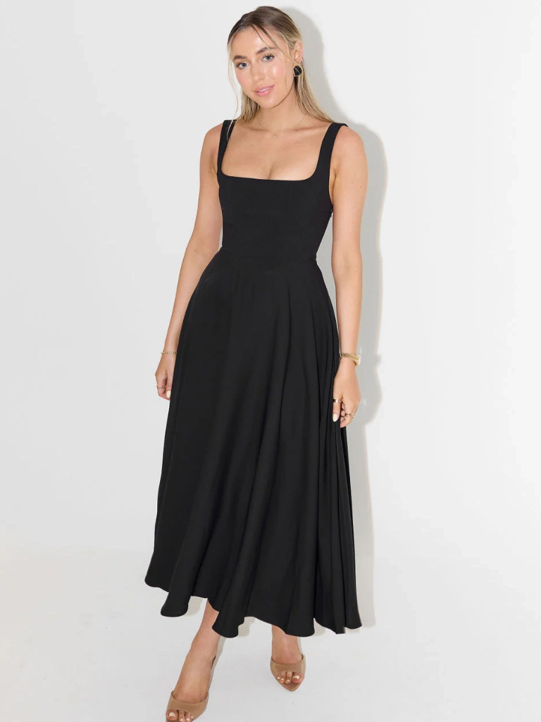 Elegantes Midi Kleid mit eckigem Ausschnitt & A-Linie – Figurbetontes Sommerkleid für Damen