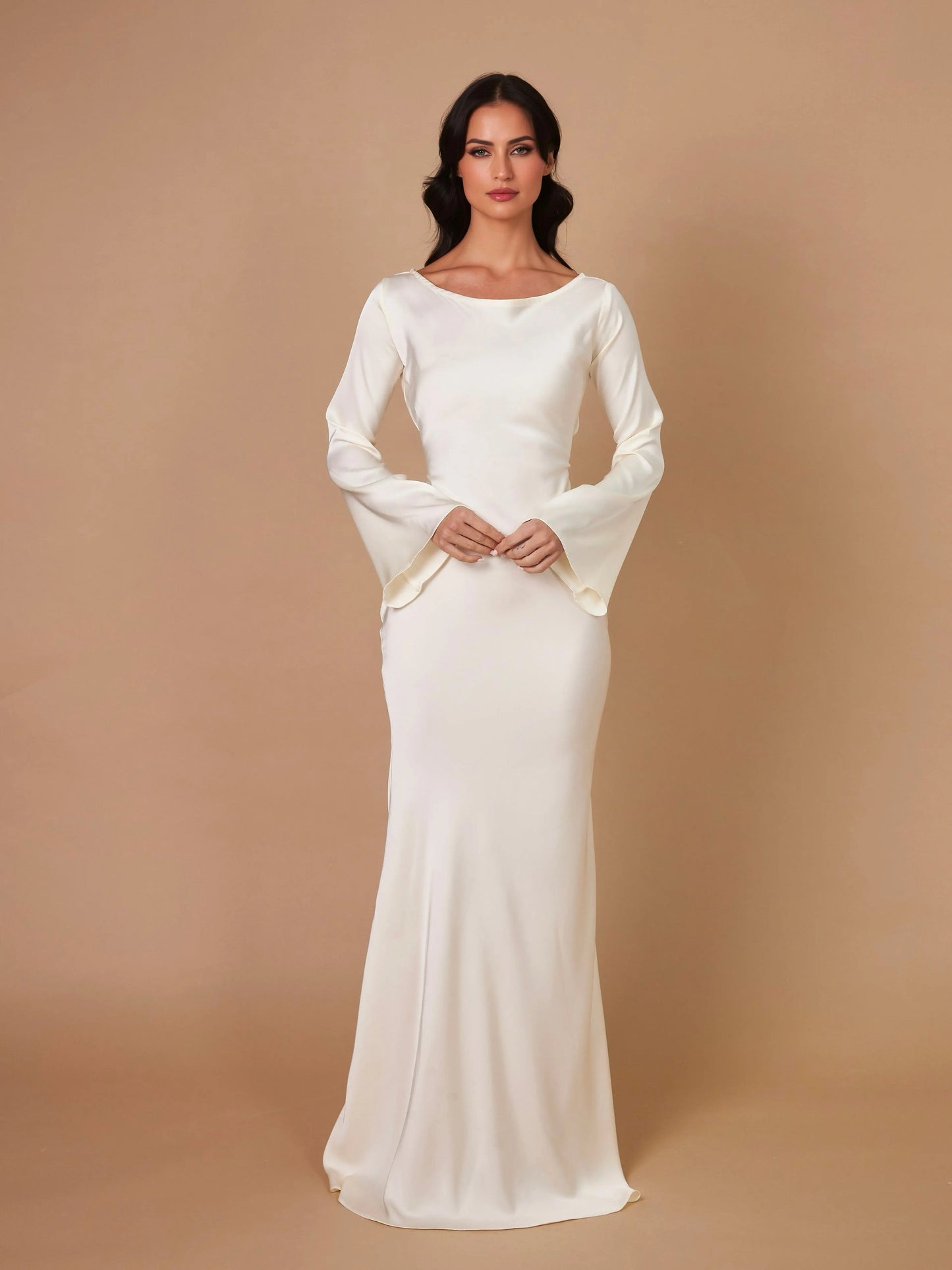 Elegantes Maxikleid mit Glockenärmeln für Damen – Figurbetontes Abendkleid mit Bindegürtel