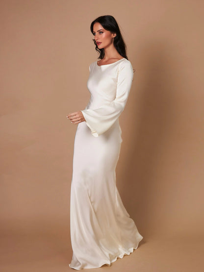 Elegantes Maxikleid mit Glockenärmeln für Damen – Figurbetontes Abendkleid mit Bindegürtel