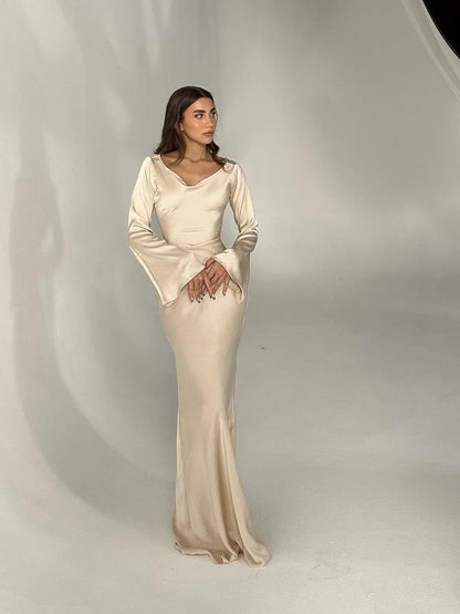 Elegantes Maxikleid mit Glockenärmeln für Damen – Figurbetontes Abendkleid mit Bindegürtel