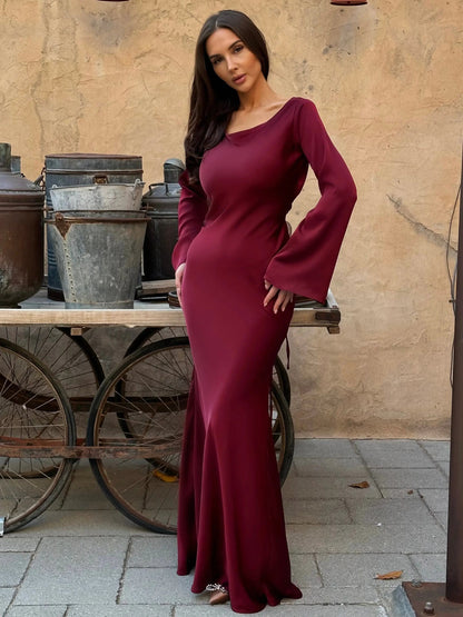 Elegantes Maxikleid mit Glockenärmeln für Damen – Figurbetontes Abendkleid mit Bindegürtel