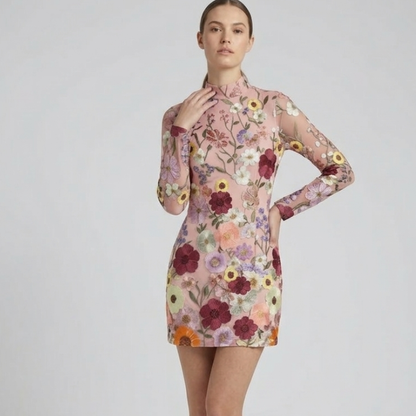 Elegantes Floral besticktes Mini Kleid mit Stehkragen – Figurbetontes Partykleid für Damen