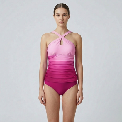 Figurformender Badeanzug mit Farbverlauf & Kreuzträgern für Damen – Schlankmachend & Elegant für Strand & Pool