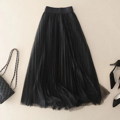 Plissierter Tüll Midi Rock mit elastischem Bund – Eleganter, fließender Rock für Damen