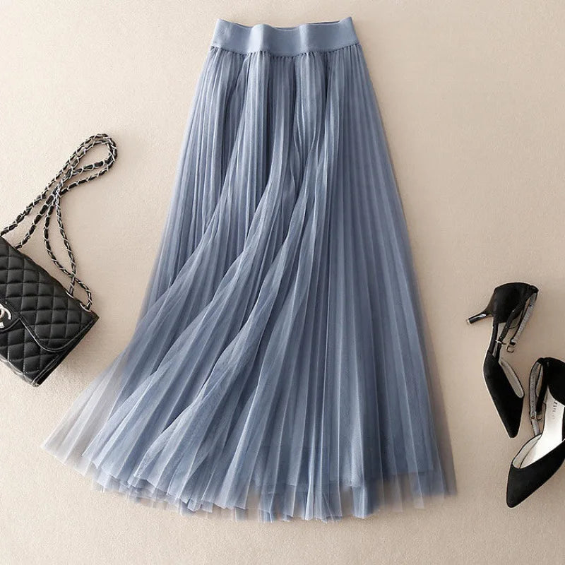 Plissierter Tüll Midi Rock mit elastischem Bund – Eleganter, fließender Rock für Damen