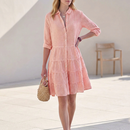 Gestreiftes Hemdblusenkleid für Damen – Leichtes Sommerkleid mit Knopfleiste & Volantrock