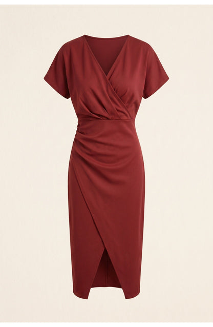 Elegantes Wickelkleid mit V-Ausschnitt für Damen – Figurbetontes Midikleid mit Taillenraffung & Schlitz