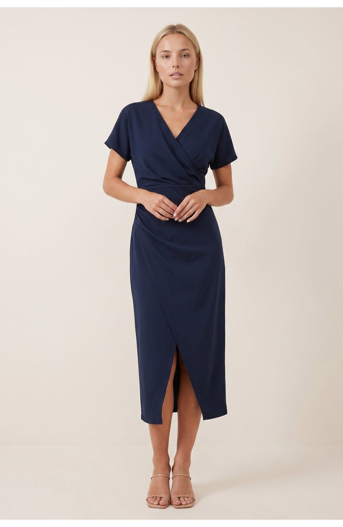 Elegantes Wickelkleid mit V-Ausschnitt für Damen – Figurbetontes Midikleid mit Taillenraffung & Schlitz