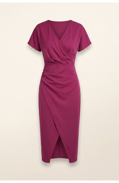 Elegantes Wickelkleid mit V-Ausschnitt für Damen – Figurbetontes Midikleid mit Taillenraffung & Schlitz