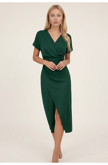 Elegantes Wickelkleid mit V-Ausschnitt für Damen – Figurbetontes Midikleid mit Taillenraffung & Schlitz