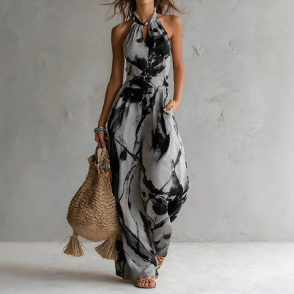 Eleganter Jumpsuit mit Neckholder für Damen – Luftiger Overall mit Print und Weitem Bein
