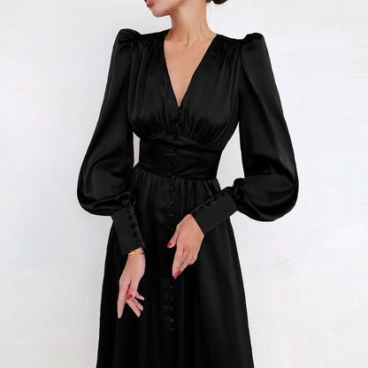 Elegantes Midi Kleid mit V-Ausschnitt & Knopfleiste – Fließendes Langarmkleid für Damen