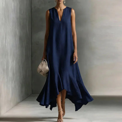 Elegantes Maxikleid mit Volantsaum für Damen – Fließendes A-Linien Kleid mit V-Ausschnitt
