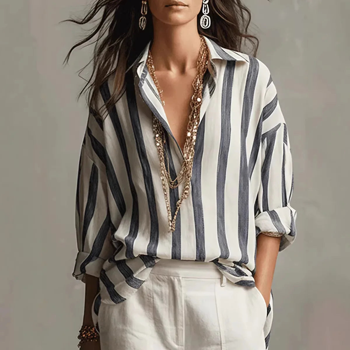 Lässige Streifenbluse mit V-Ausschnitt für Damen – Luftige Langarmbluse im Oversize Look