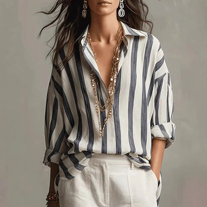 Lässige Streifenbluse mit V-Ausschnitt für Damen – Luftige Langarmbluse im Oversize Look