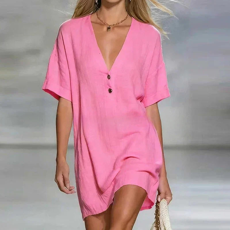 Lässiges Mini Kleid mit V-Ausschnitt für Damen – Luftiges Sommerkleid mit Knopfleiste