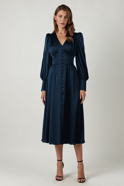 Elegantes Midi Kleid mit V-Ausschnitt & Knopfleiste – Fließendes Langarmkleid für Damen