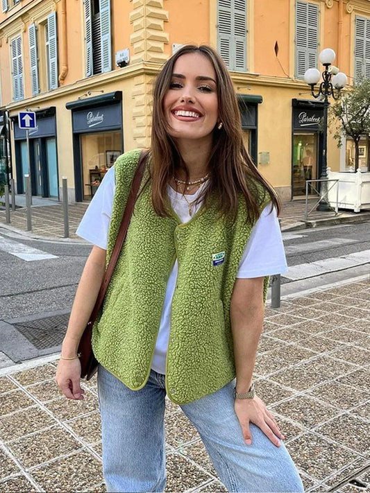 Élirée - Ärmellose Frühlingsweste aus Wolle für Frauen, Trendy, mit Knöpfen, in einfarbigen Farben