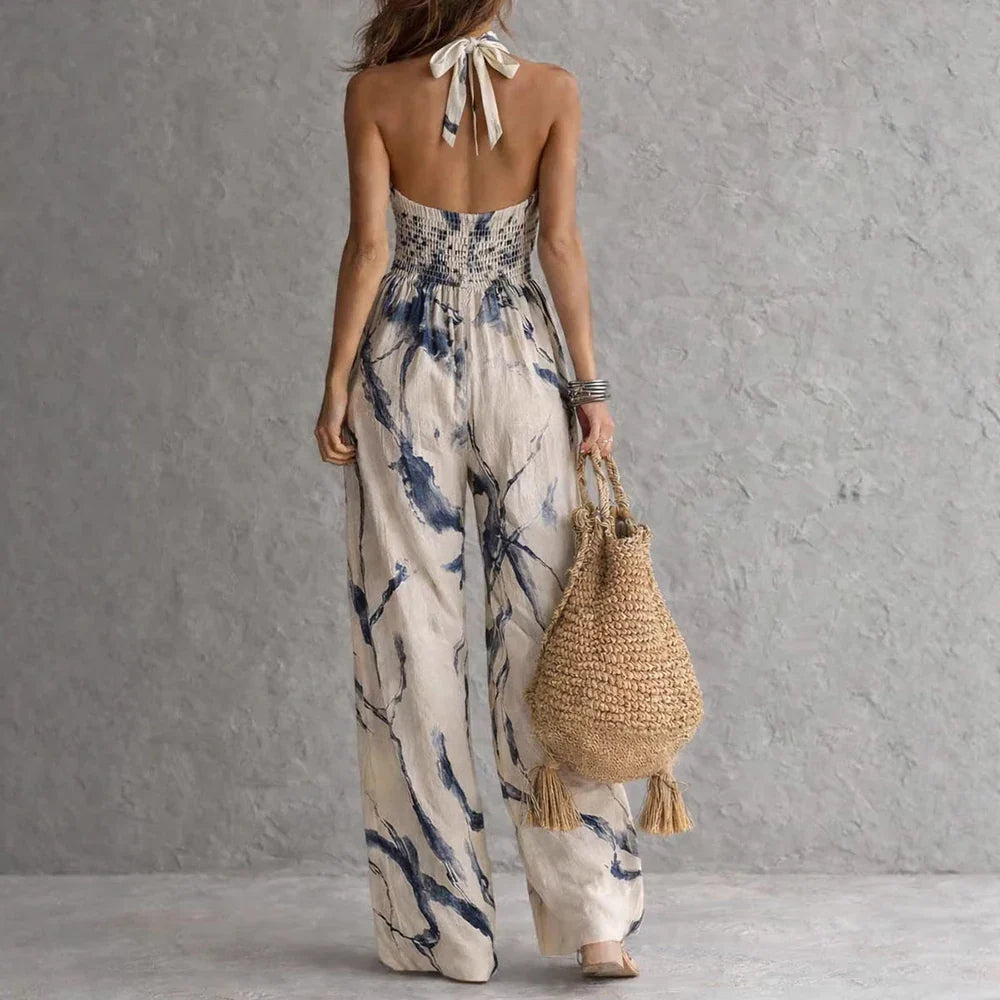 Eleganter Jumpsuit mit Neckholder für Damen – Luftiger Overall mit Print und Weitem Bein