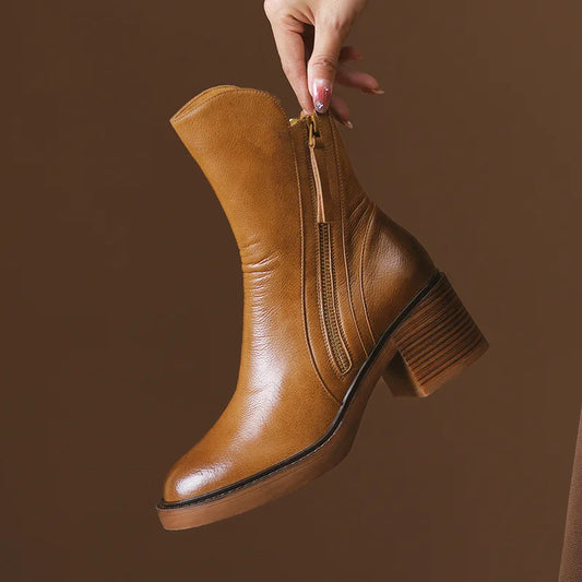Elegante Damen Leder Stiefeletten mit Blockabsatz – Bequeme Boots mit Reißverschluss