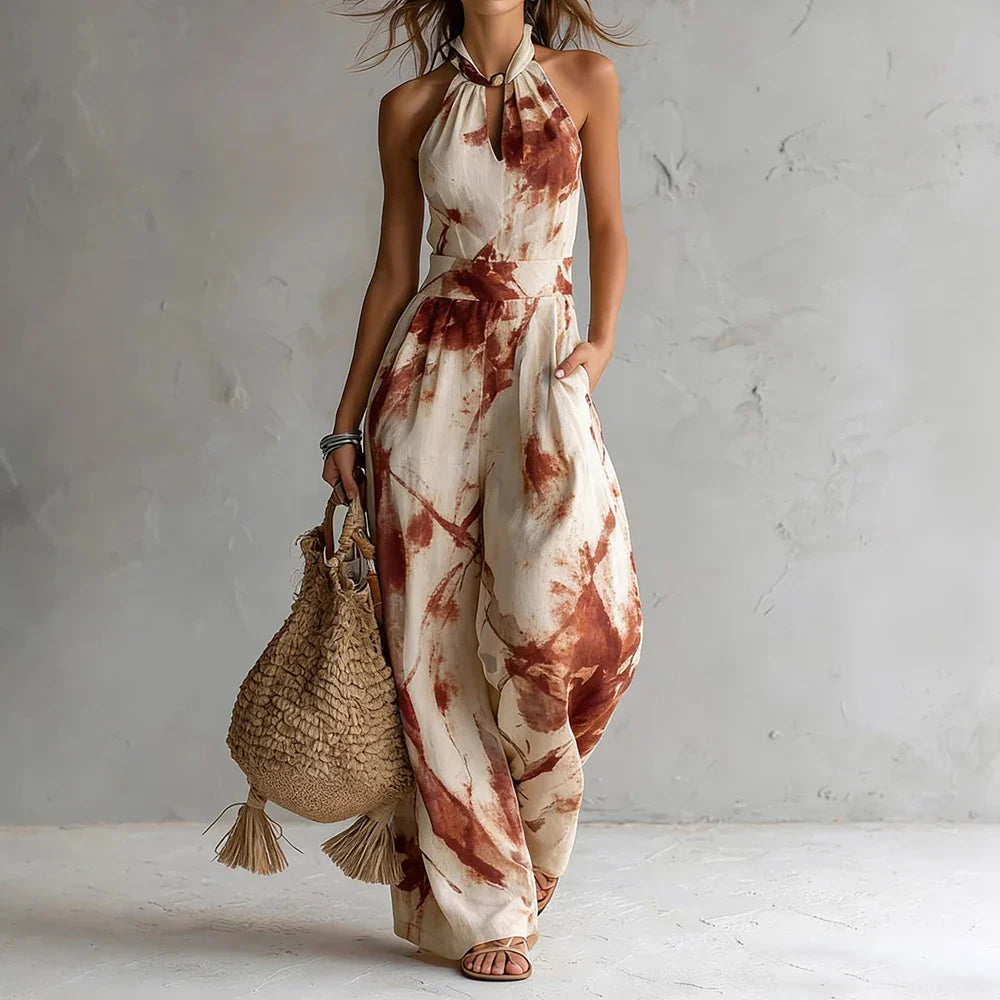 Eleganter Jumpsuit mit Neckholder für Damen – Luftiger Overall mit Print und Weitem Bein