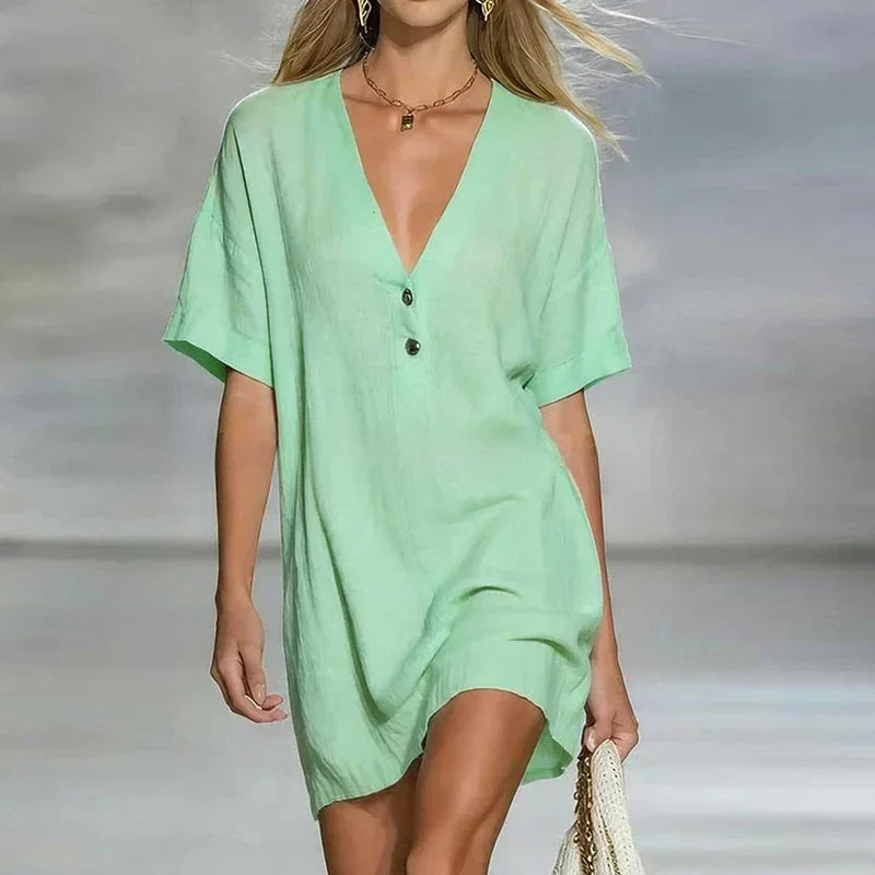 Lässiges Mini Kleid mit V-Ausschnitt für Damen – Luftiges Sommerkleid mit Knopfleiste