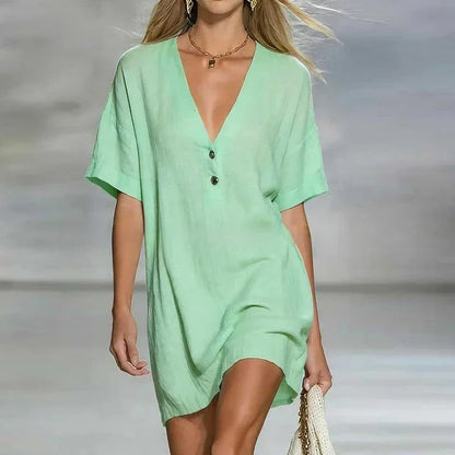 Lässiges Mini Kleid mit V-Ausschnitt für Damen – Luftiges Sommerkleid mit Knopfleiste