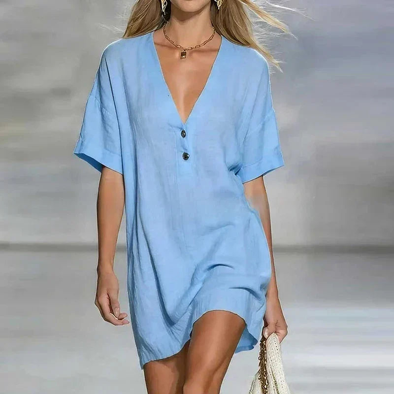 Lässiges Mini Kleid mit V-Ausschnitt für Damen – Luftiges Sommerkleid mit Knopfleiste