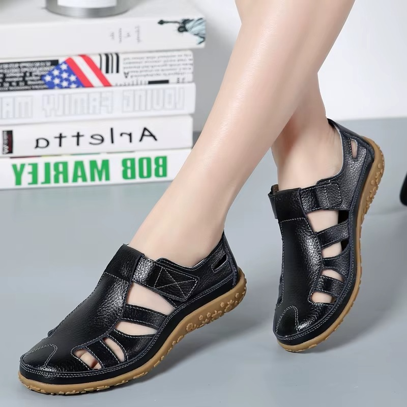 Bequeme Leder-Sandalen mit Klettverschluss – Atmungsaktive Sommer Schuhe für Damen