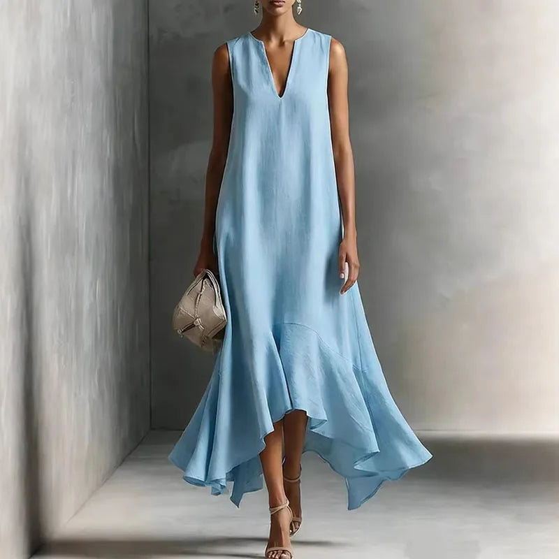 Elegantes Maxikleid mit Volantsaum für Damen – Fließendes A-Linien Kleid mit V-Ausschnitt