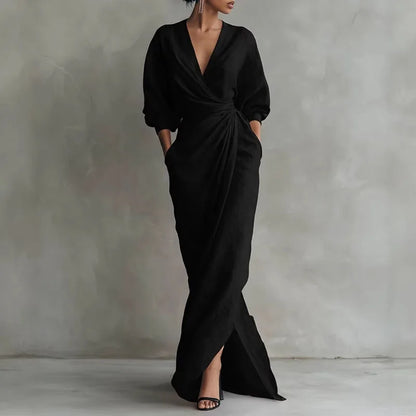Elegantes Maxikleid mit Drapierung für Damen – Figurbetontes Wickelkleid mit V-Ausschnitt