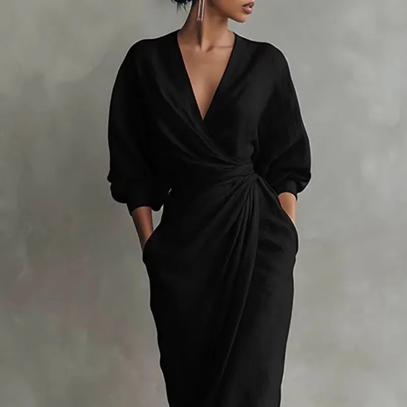 Elegantes Maxikleid mit Drapierung für Damen – Figurbetontes Wickelkleid mit V-Ausschnitt