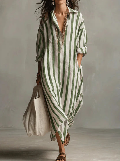 Gestreiftes Maxikleid mit Hemdkragen für Damen – Luftiges Oversize Sommerkleid mit Taschen