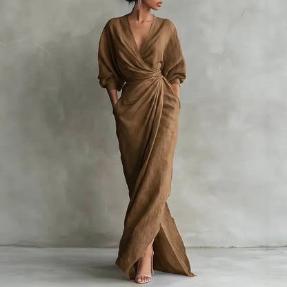 Elegantes Maxikleid mit Drapierung für Damen – Figurbetontes Wickelkleid mit V-Ausschnitt