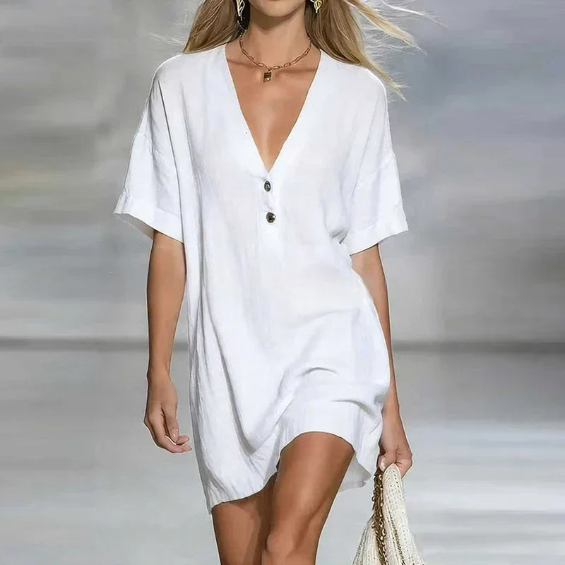 Lässiges Mini Kleid mit V-Ausschnitt für Damen – Luftiges Sommerkleid mit Knopfleiste